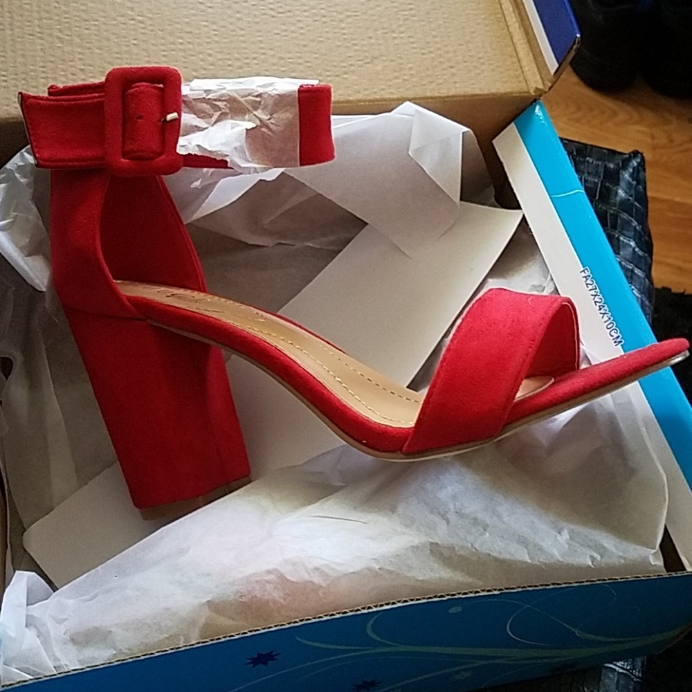 Red Faux Suede Block- Heel Sandals